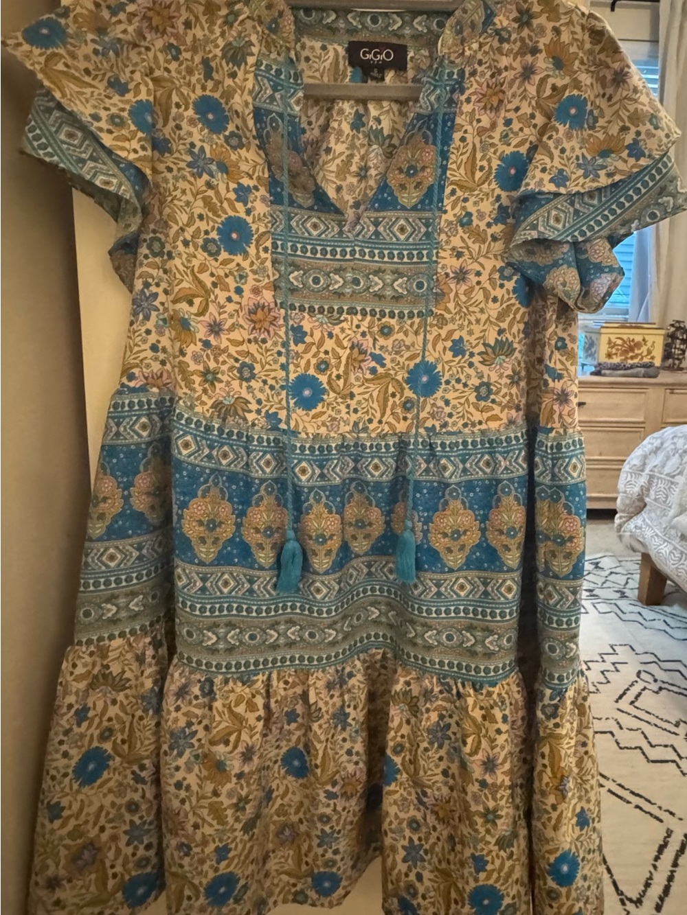 GGO Floral Boho Tassel Dress in Turquoise and Cream